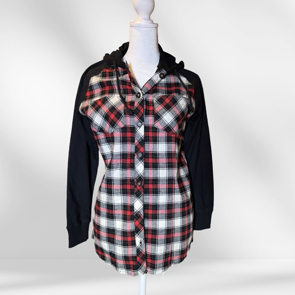 Black & Red Plaid Hooded Button-Front Women's Top